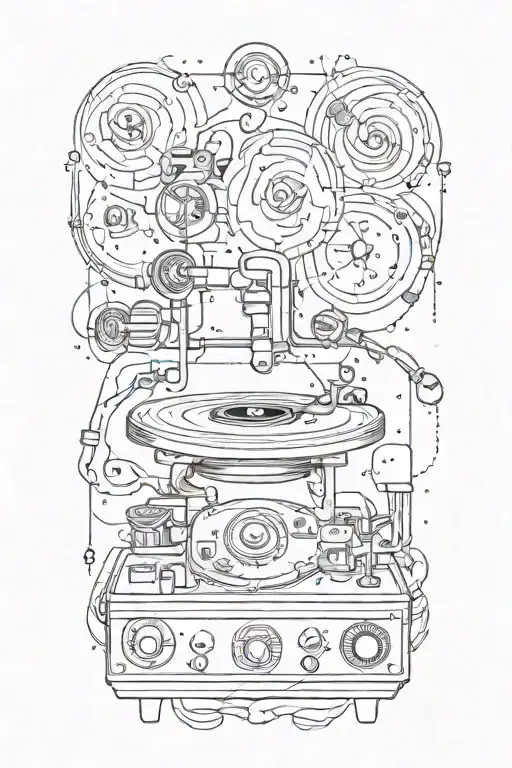 A minimalist tattoo design incorporating a record player and chemical signs for dopamine and serotonin tattoo design idea