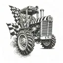 an 88 with a tractor and checkered flag downward spiral tattoo design idea