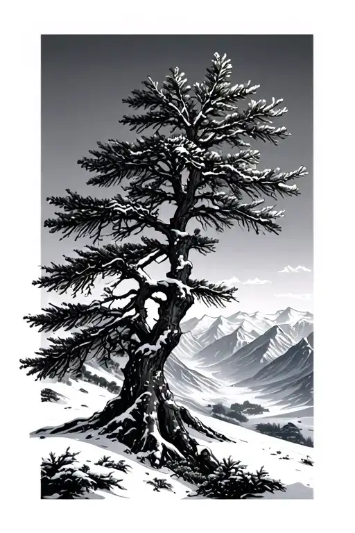 mountains snow pinetree Olivetree tattoo design idea