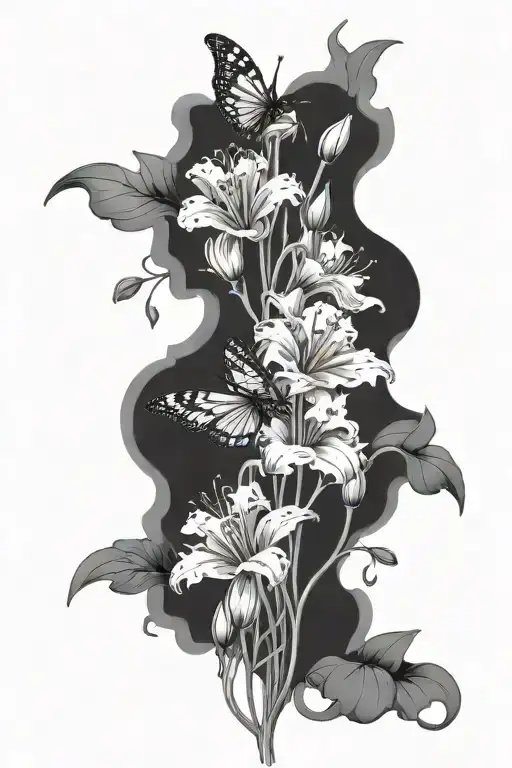 delicate spine tatto of carnation and snowdrop flowers with butterflys  tattoo design idea