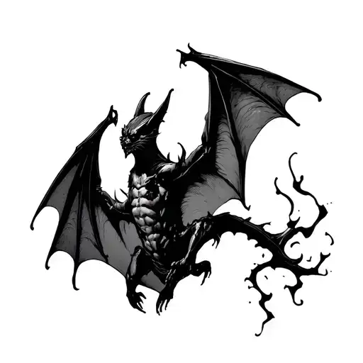 Bat escaping from hell with slightly burned wings (Bat out of hell) tattoo design idea