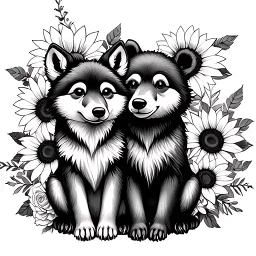  cute baby wolf and bear sitting with sunflowers and roses. black tattoo design idea
