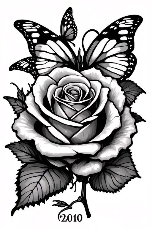 rose no stem with butterflies around it with the date 2010 on wrist tattoo design idea
