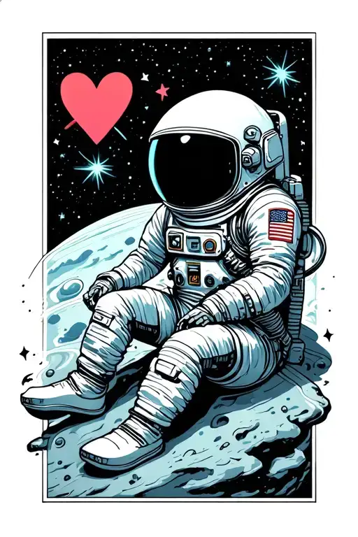 a spaceman sitting alone on a planet with stars in the background and put a symbol of heartbreak somewhere  tattoo design idea