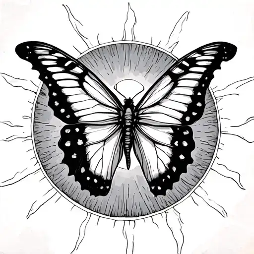 A sketch of tattoos on the brush: draw a butterfly moth that will be against the background of the sun in the circle of the tattoo itself should be round tattoo design idea