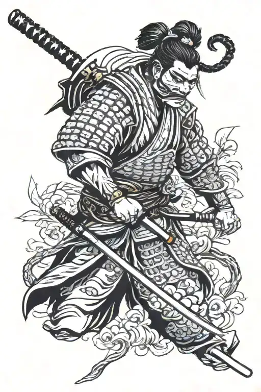 samurai wearing a mask on the tricep with a katana going down the elbow and forearm tattoo design idea
