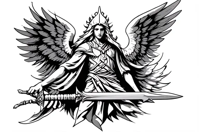 perfectly symmetrical, black and white, archangel, warrior holding sword tattoo design idea