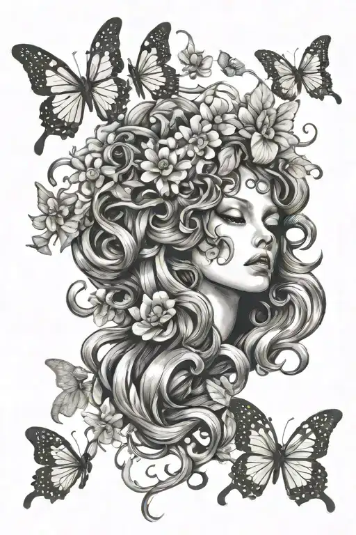 Generate an image of a Medusa tattoo that has a floral aspect with butterflies  tattoo design idea