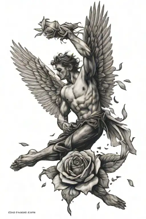 Icarus falling with rose petals falling beside him tattoo design idea