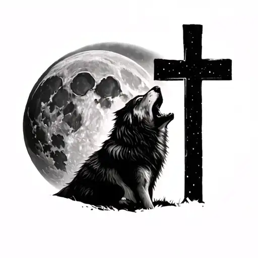 wolf howling at moon with a cross in the ground tattoo design idea
