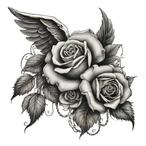 roses with necklace collage with Angel wings for upper arm half sleeve tattoo design idea