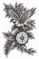 Yew branch, flying swift, compass tattoo design idea