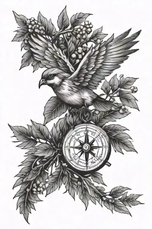 Yew branch, flying swift, compass tattoo design idea