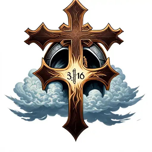 A shoulder blade tatto with clouds, 3 crosses and a spartan helmet with 3:16 on the middle cross tattoo design idea