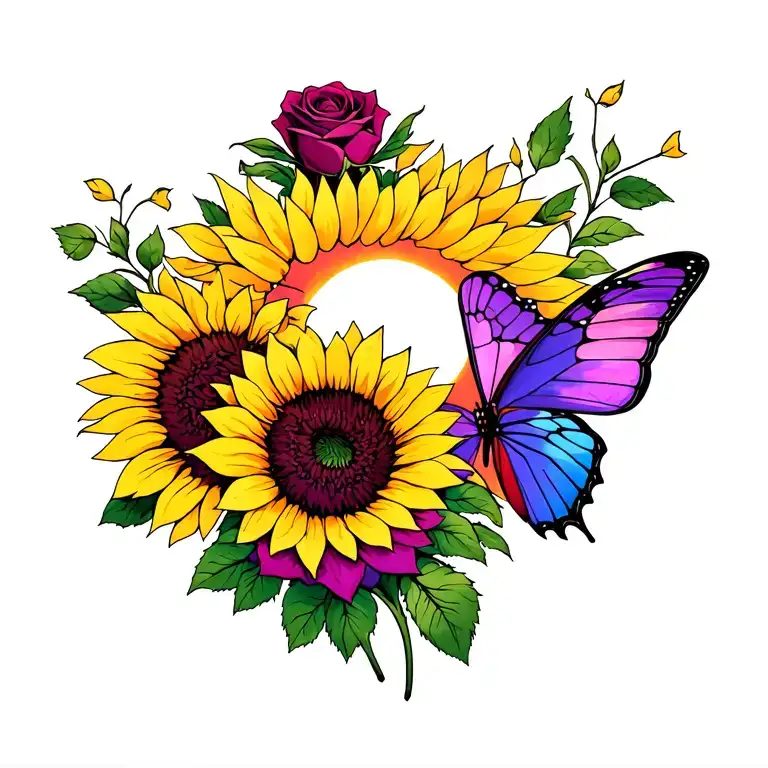 sunset colors sunflower, purple butterfly & burgundy rose tattoo design idea
