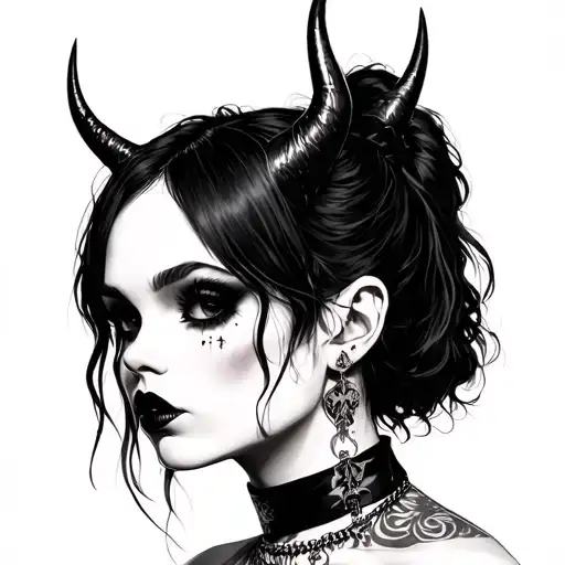goth girl with piercings, devil horns on head and choker necklace tattoo design idea