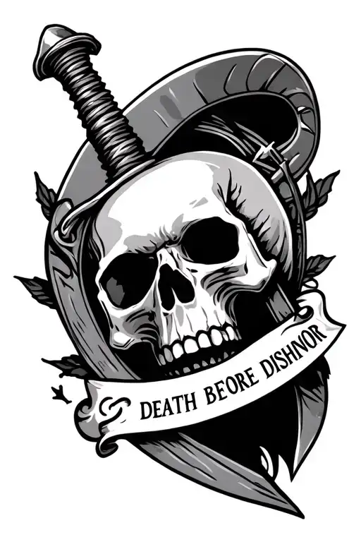 dagger piercing skull & written "DEATH BEFORE DISHONOR" tattoo design idea