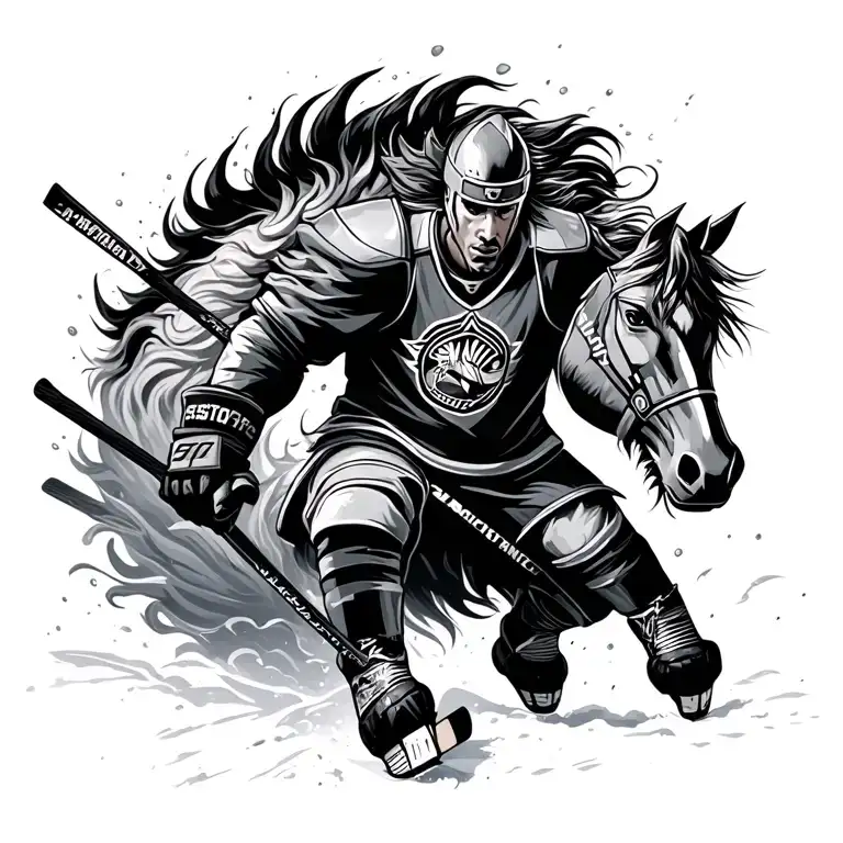 ice hockey warrior riding wild atallion in cyclone in a storm tattoo design idea