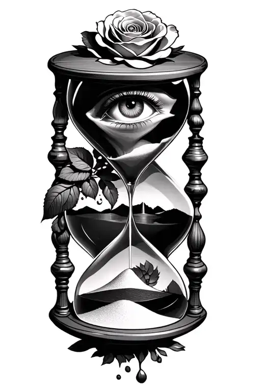 "The hourglass is spilling sand that transforms into a face, an eye, or even a rose — symbolizing time shaping identity, tattoo design idea