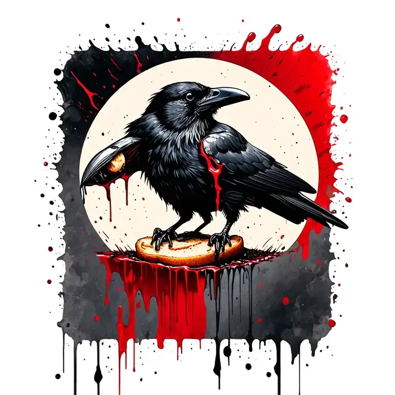 a circular nail wound, bleeding down the forearm. a raven holding a lump of bread in its beak emerging from the wound tattoo design idea