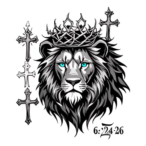 lion with crosses, crown of thorns, blue eyes and incorporate numbers 6:24-26 tattoo design idea