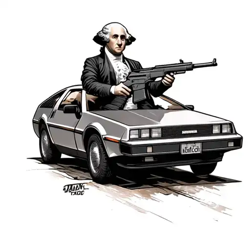 george washington holding an ar15 driving a delorean dmc tattoo design idea