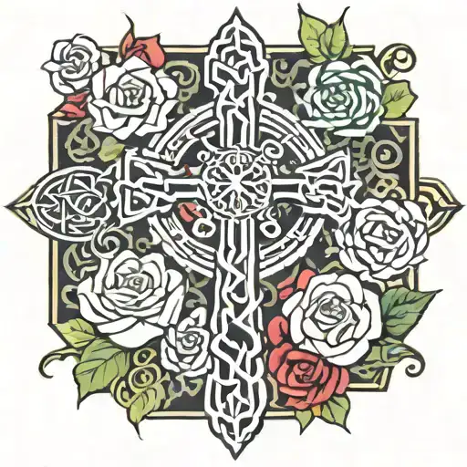 celtic cross, roses, tribal pattern incorporating elements tattoo design idea