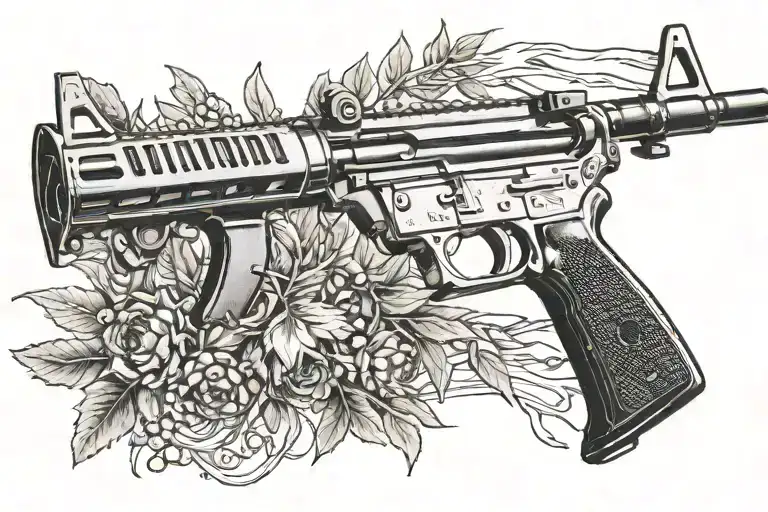 AR-15 with "Si Vis Pacem Parabellum" on a banner around it. surrounded by olive branches tattoo design idea