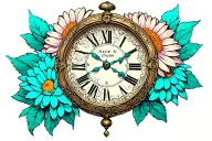 "alice in wonderland" clock, violate crustal pantant, cyan ribon, surounding by  chrysanthemum tattoo design idea