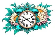 "alice in wonderland" clock, violate crustal pantant, cyan ribon, surounding by  chrysanthemum tattoo design idea
