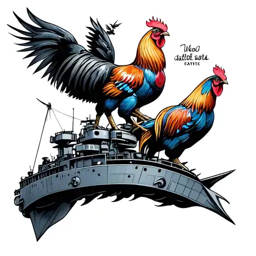 battleship and rooster tattoo design idea