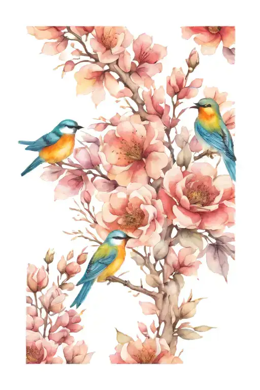 line of flowers blooming with birds sitting tattoo design idea