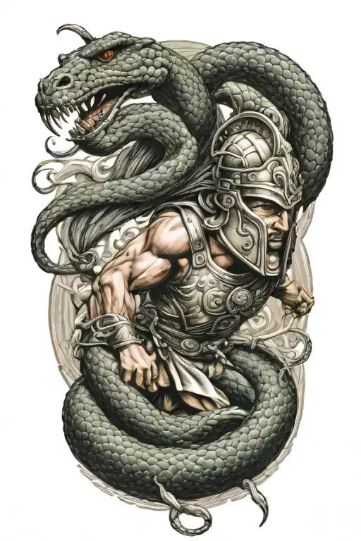 greek warrior fighting a snake tattoo design idea