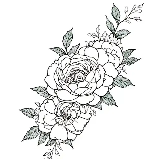 A delicate and intricate half sleeve design featuring dotilism peonies intertwined with rose motifs, perfectly fitting the feminine bone structure of the upper arm tattoo design idea