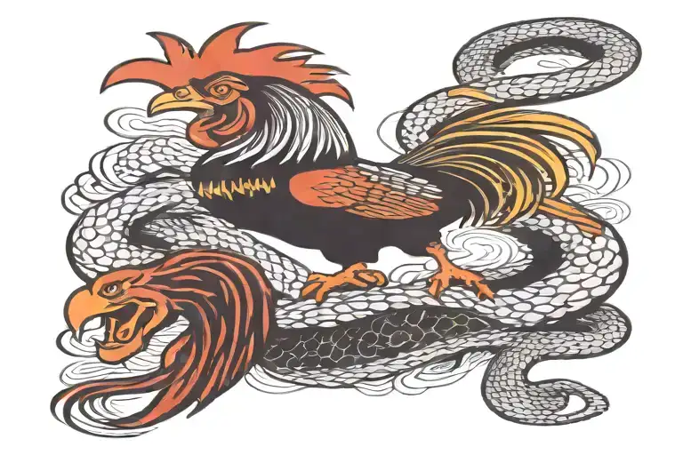 rooster fighting snake intertwined tattoo design idea