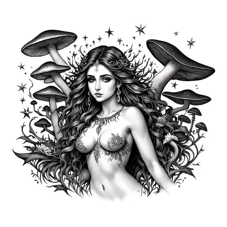 sexy pagan goddess from the chest up. surrounded by stars and mushrooms tattoo design idea