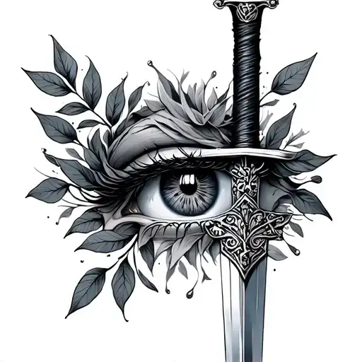 sword through eye with roman leaves around tattoo design idea