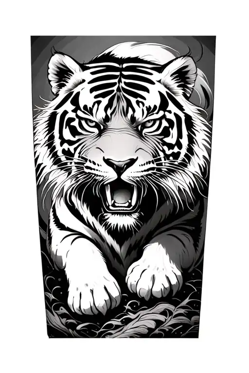 A dynamic Japanese Irezumi-style tattoo design of a fierce tiger climbing upward from the forearm, seamlessly transition tattoo design idea