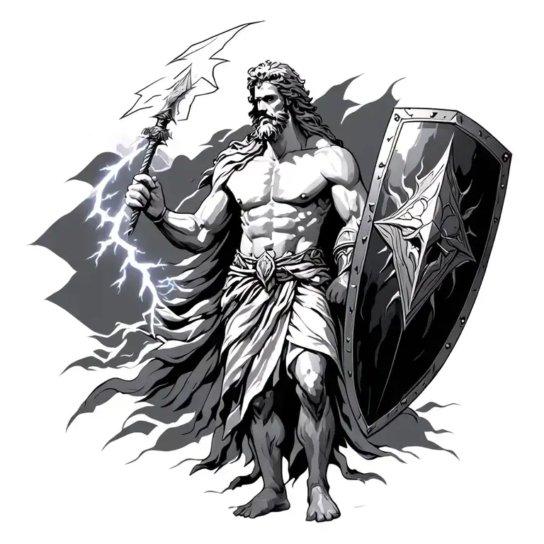 Zeus holding a lightning bolt , at war with hades and ares standing equip with a shield and his battle helmet  tattoo design idea