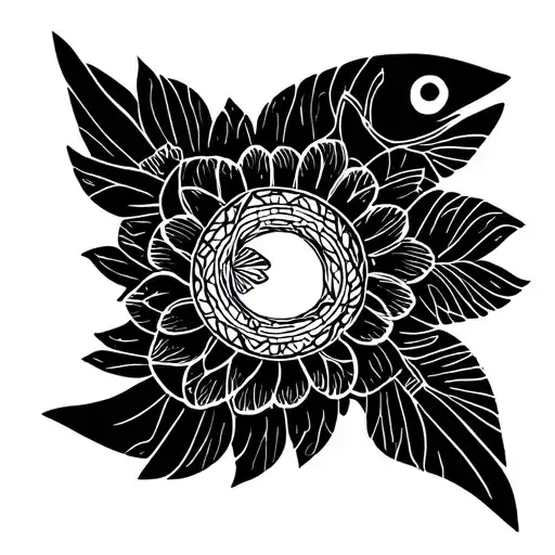 Capricorn and fish in the shape of a flower circle tattoo design idea