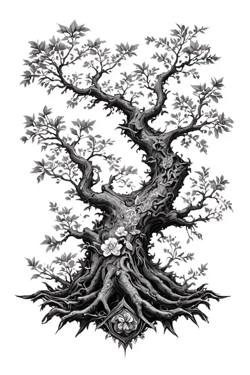 Tolkien's "Tree with Friezes" but as a sketchy floral bicep and shoulder tattoo tattoo design idea