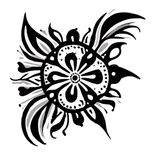 black bold polynesian like tribal tattoo with repeating patterns such as paisleys, plague doctor, mandalas tattoo design idea