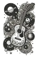 A celestial design featuring stars and planets arranged like musical notes, with an acoustic guitar in the middle  tattoo design idea