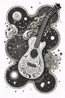 A celestial design featuring stars and planets arranged like musical notes, with an acoustic guitar in the middle  tattoo design idea