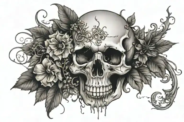An intricate tattoo design of a skull surrounded by various poisonous plants like deadly nightshade and wolfsbane, with a lava lamp glowing in the background tattoo design idea