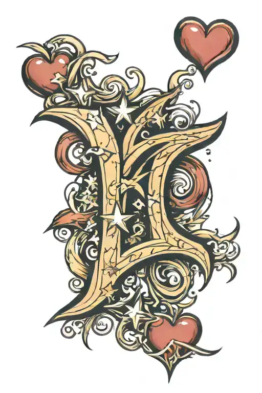 the letter k & r with hearts and stars tattoo design idea