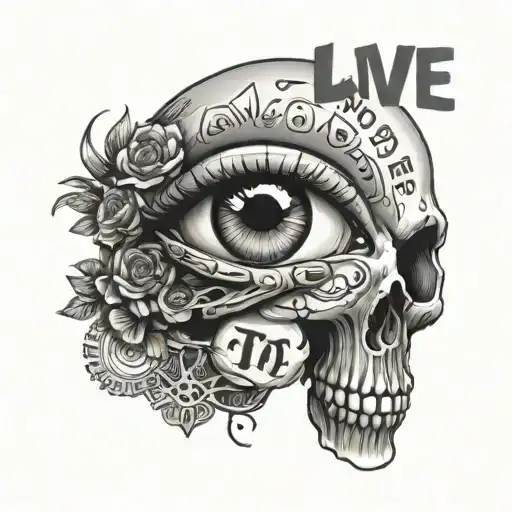 a eye surrounded with words saying " live to die die to live" wrote around it and pinky and ring finger with skeleton  tattoo design idea