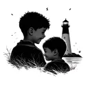 Two happy male children from behind. A female silhouette that is illuminated by a lighthouse tattoo design idea