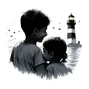Two happy male children from behind. A female silhouette that is illuminated by a lighthouse tattoo design idea