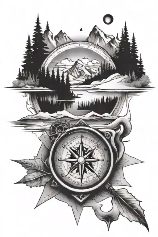 pond hockey, mountians, compass surrounded tattoo design idea